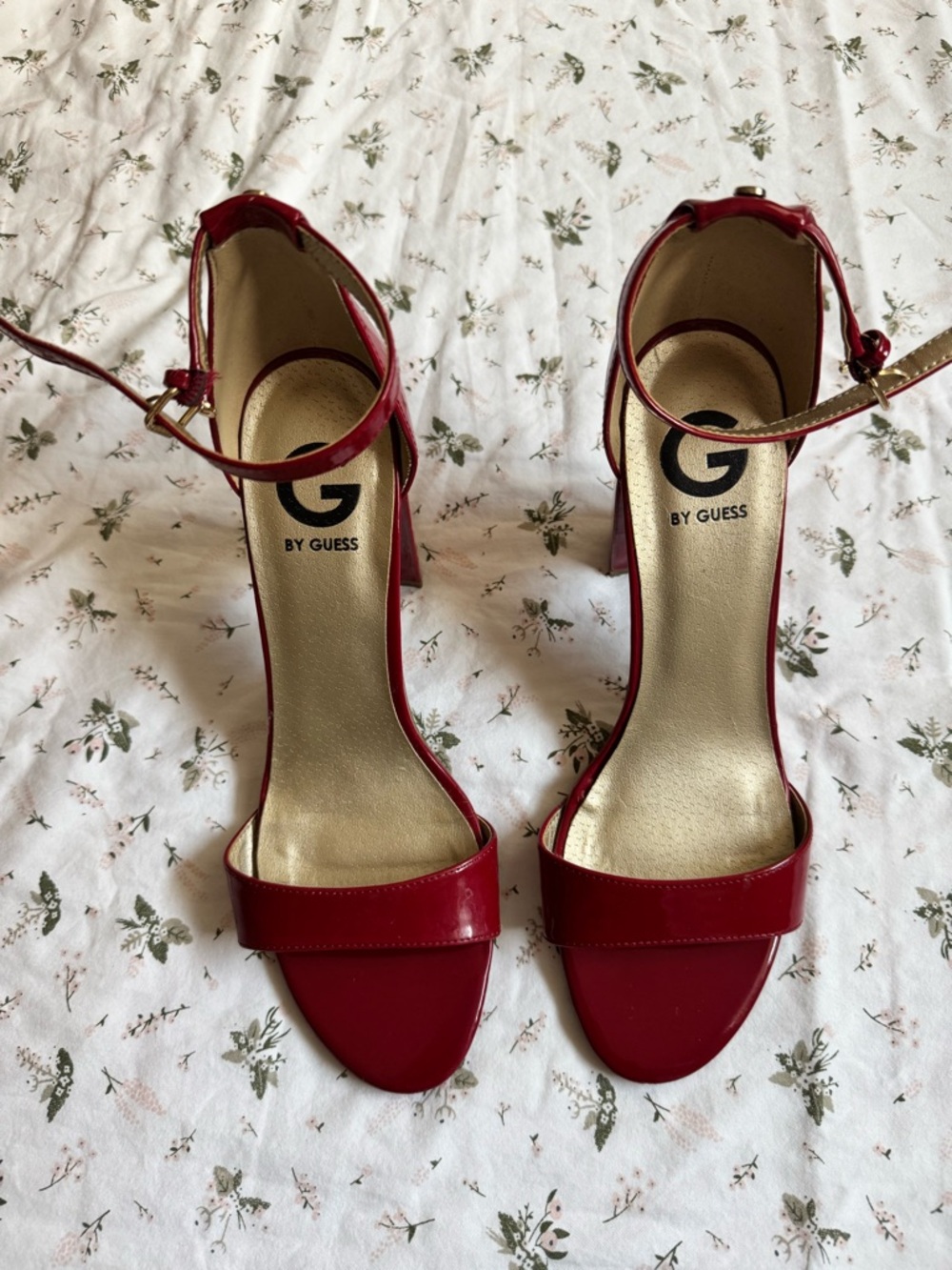 Guess Red Suede Ankle-Strap Block Heel Sandals - Picture 2 of 5
